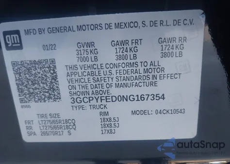 2022 Chevrolet Silverado 1500 Ltd 4Wd Short Bed Lt Trail Boss z USA, uszkodzony, nr VIN 3GCPYFED0NG167354